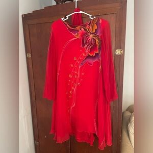 100% Silk Hand Painted red dress by Yolanda Loreme for I.Magnin size M w/ scarf